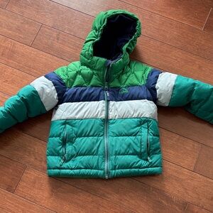 L.L. Bean Green, Teal & Navy Colorblock Hooded Down Puffer Jacket